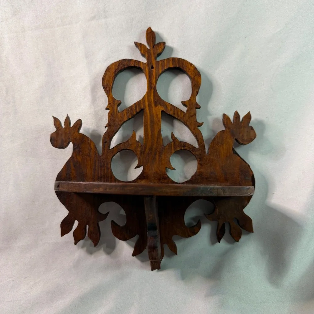 Vintage Hand Carved Wooden Wall Shelf